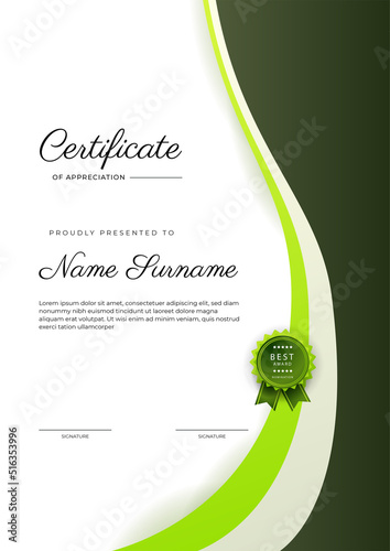 Modern elegant green certificate of achievement template with badge and border. Designed for diploma, award, business, university, school, and corporate.