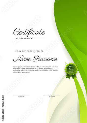 Modern elegant green certificate of achievement template with badge and border. Designed for diploma, award, business, university, school, and corporate.