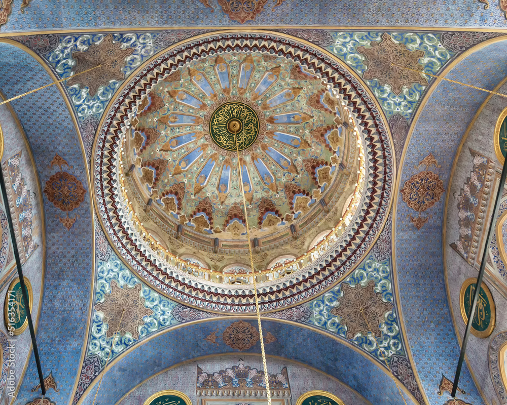 Istanbul, Turkey (Turkiye). The painted dome of Pertevniyal Valide Sultan Mosque, the last Ottoman-era imperial mosque in Istanbul. Tourism, art or history of religion concept