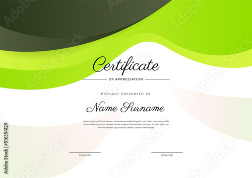Modern elegant green certificate of achievement template with badge and border. Designed for diploma, award, business, university, school, and corporate.