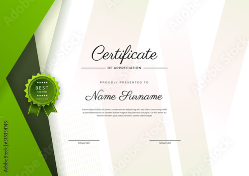 Modern elegant green certificate of achievement template with badge and border. Designed for diploma, award, business, university, school, and corporate.