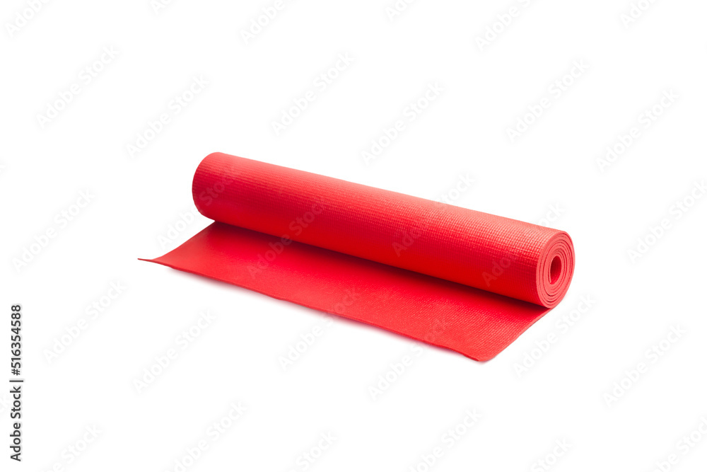 Colchoneta para yoga gimnasia roja sobre un fondo blanco liso y aislado.  Vista de frente y de cerca. Copy space. Concepto: Deportes Stock Photo |  Adobe Stock