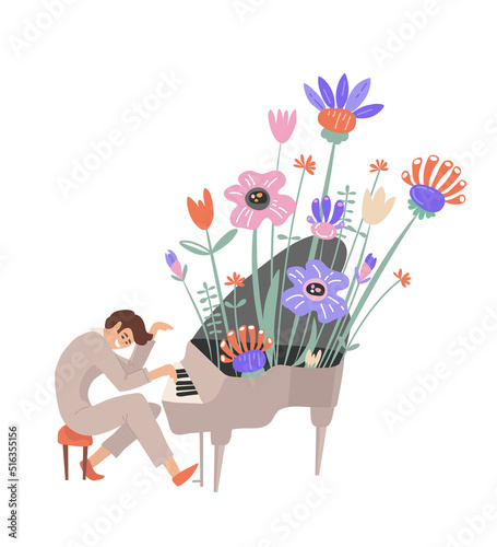 Young inspired man with cheerful smile on face playing virtuously grand piano with bouquet of fresh colorful spring flowers sticking out of open cover. Vector design with white background. photo