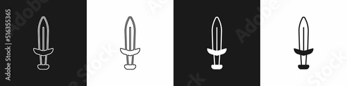 Set Medieval sword icon isolated on black and white background. Medieval weapon. Vector