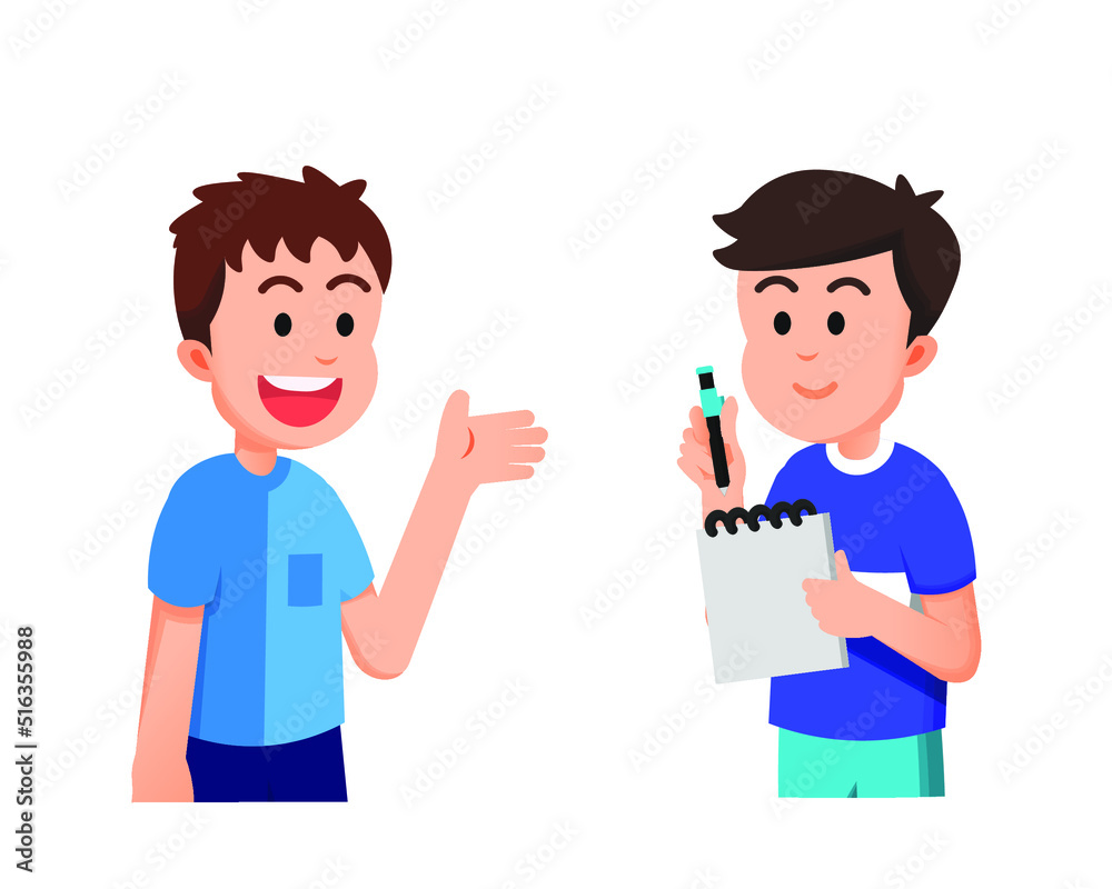 boy holding a small notebook and pen while interviewing his friend boy holding a small notebook and pen while interviewing his friend
