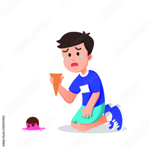 boy feels sad because his ice cream fell and only left a cone