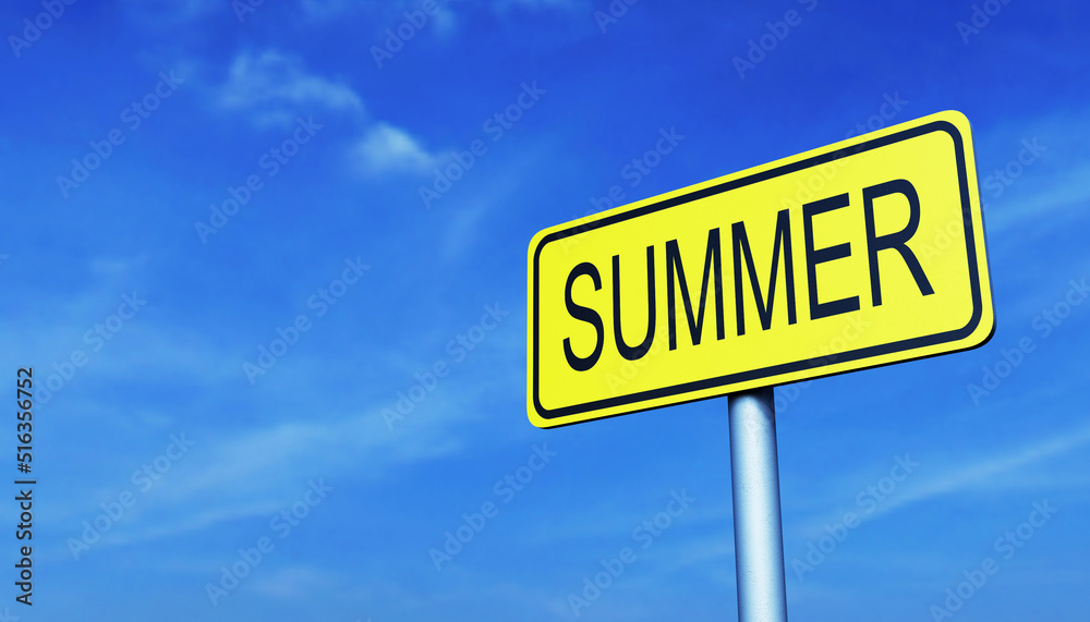 Yellow road sign with the inscription Summer, against the blue sky Yellow road sign with the inscription Summer, against the blue sky