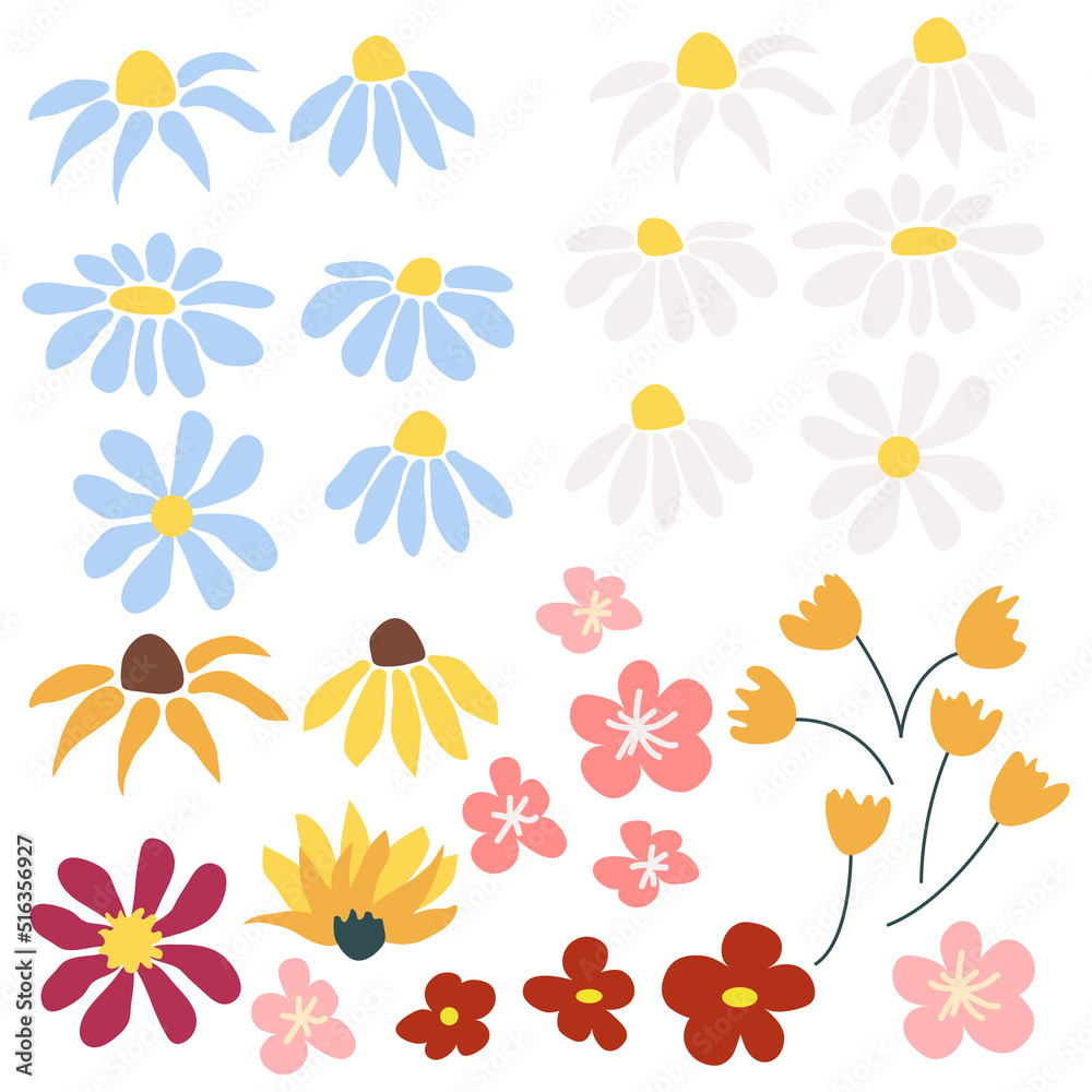Set of retro style 1970 flowers in bright colors. for greeting cards, Easter, thanksgiving, scrapbooking