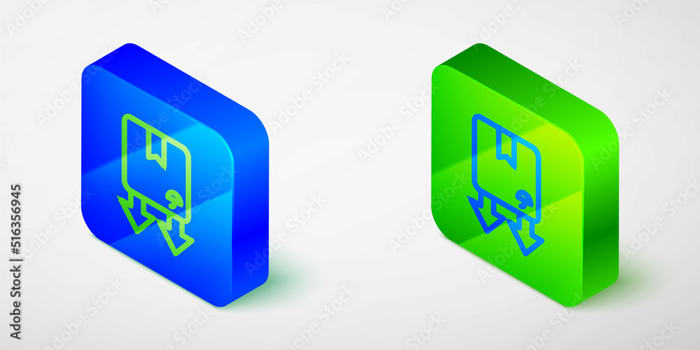 Isometric line Cardboard box with traffic symbol icon isolated grey background. Box, package, parcel sign. Delivery, transportation and shipping. Blue and green square button. Vector Isometric line Cardboard box with traffic symbol icon isolated grey background. Box, package, parcel sign. Delivery, transportation and shipping. Blue and green square button. Vector