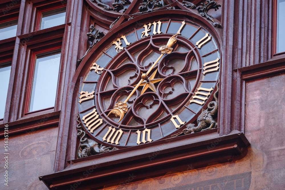 Clock on the wall, Medieval Basel Town Hall (Rathaus), Switzerland