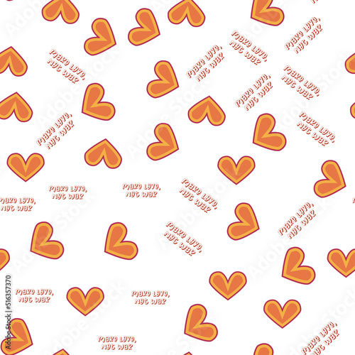 Love heart, daisies, waves of positivity retro 70s seamless pattern. Yellow, orange, red scattered heart shapes on a swirling background