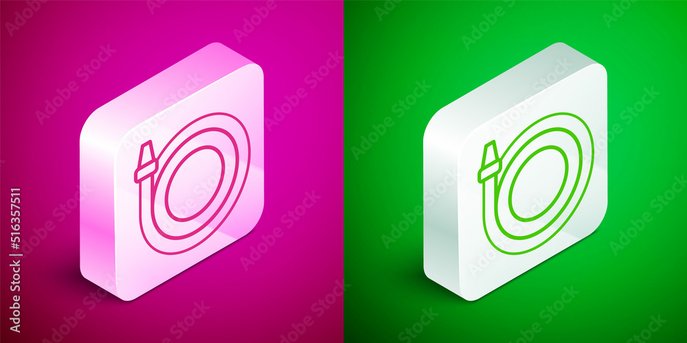 Isometric line Garden hose icon isolated on pink and green background. Spray gun icon. Watering equipment. Silver square button. Vector Isometric line Garden hose icon isolated on pink and green background. Spray gun icon. Watering equipment. Silver square button. Vector
