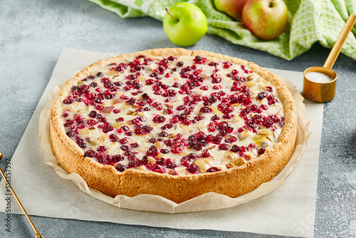 Sweet bakery - cranberry pie with apple on gray stone background. Lingonberry pie  in rustic style on stone table. Aesthetic composition with cranberry and apple tart. Berries tart with meringue.