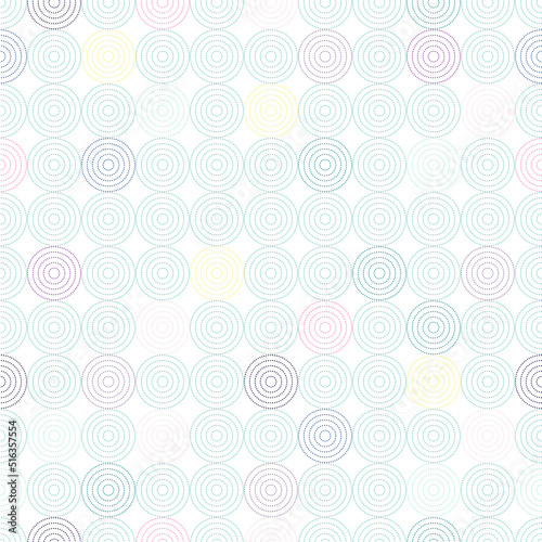 Vector seamless pattern with circles in different colors on white background. For wallpapers, decoration, invitation, fabric, textile and print, web page background, gift and wrapping paper.