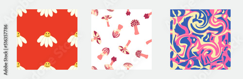 Set of retro 70s seamless pattern. Floral, swirl, mushrooms, peace symbol, camomile, smile. Clockwork design in the style of the seventies.