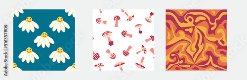 Set of retro 70s seamless pattern. Floral, swirl, mushrooms, peace symbol, camomile, smile. Clockwork design in the style of the seventies.