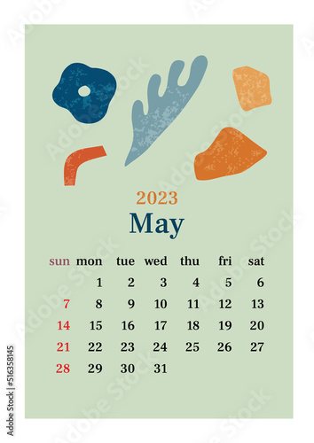 The page with the month May 2023 with abstract organic shapes in muted tones. Vertical poster in a aesthetic style in warm colors. Vector illustration design