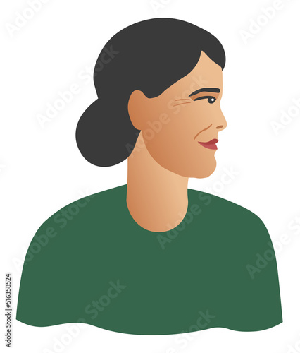 
Portrait of adult brunet asian woman in green sweater. Korean elderly female with face in profile. Shoulder-length side view portrait in flat style. Vector illustration for print, poster, banner