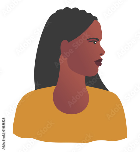 Portrait of young beautiful black woman in mustard sweater. African american female with face in profile. Shoulder-length side view portrait in flat style. Vector illustration for print, poster