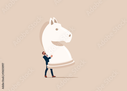 Business start up and career beginning. First step in startup of happy beginner. Person carrying chess piece, pawn.