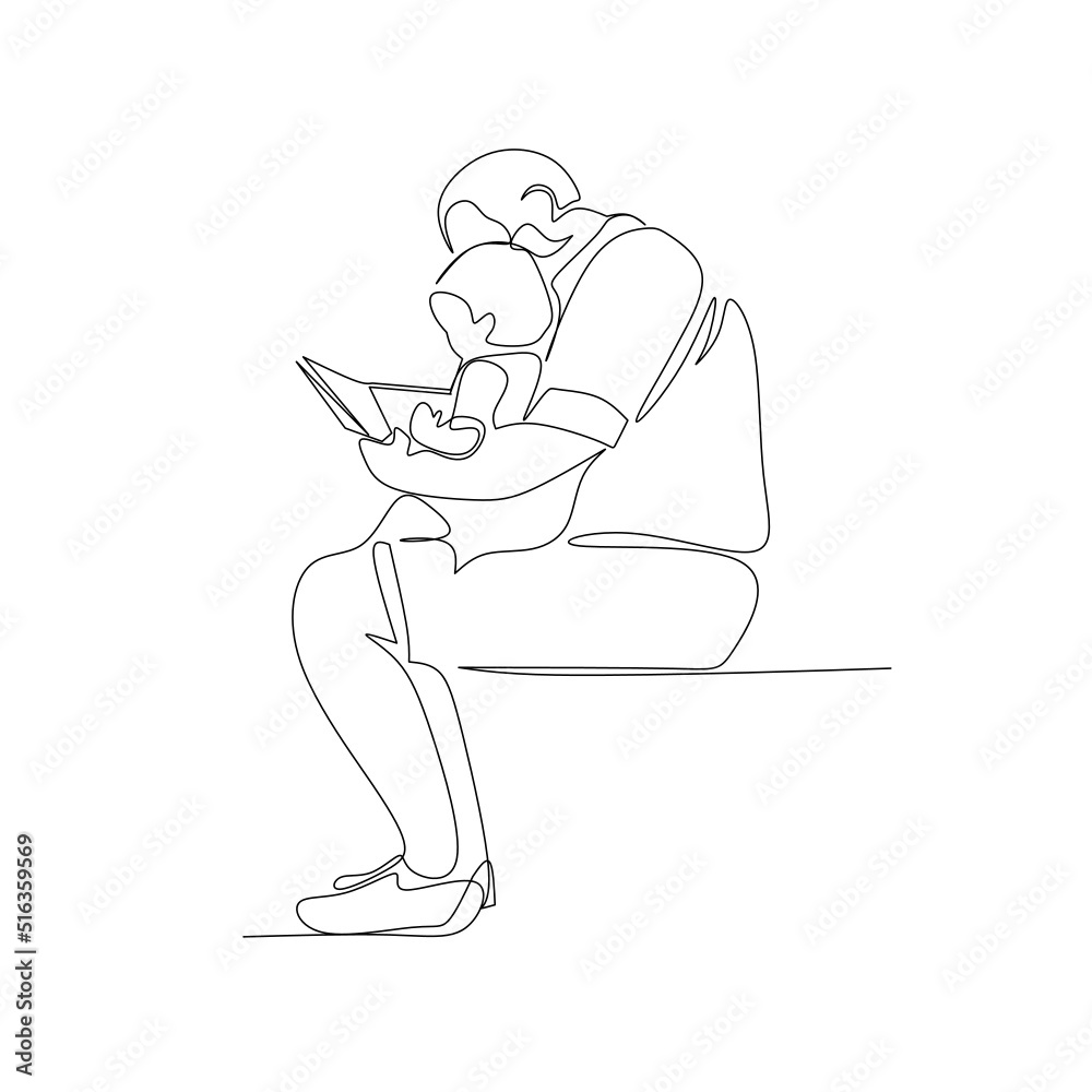 Vector illustration of a father reading a book to his daughter drawn in line art style