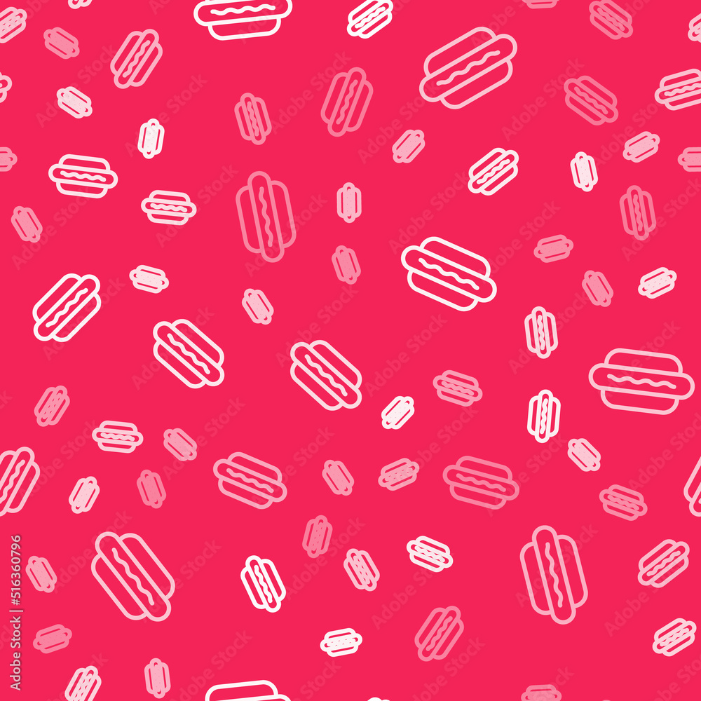 White line Hotdog sandwich icon isolated seamless pattern on red background. Sausage icon. Fast food sign. Vector