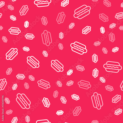 White line Hotdog sandwich icon isolated seamless pattern on red background. Sausage icon. Fast food sign. Vector