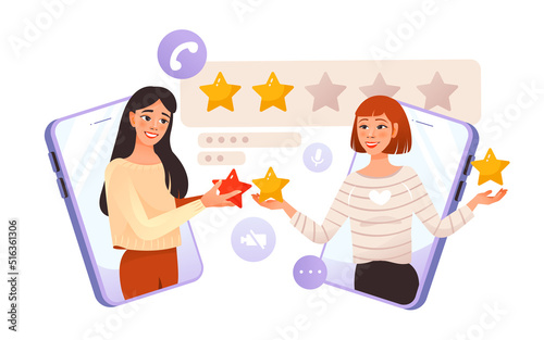 Feedback. People rate the app and leave a positive review. The concept of customer service and user experience. Flat vector illustration