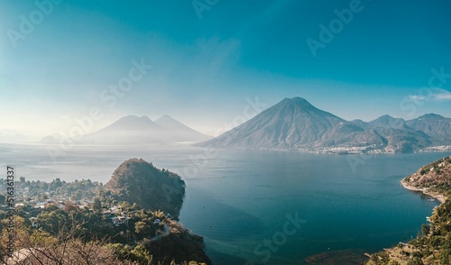 Mesmerizing landscape view with lake Atitlan and mountains in the background photo