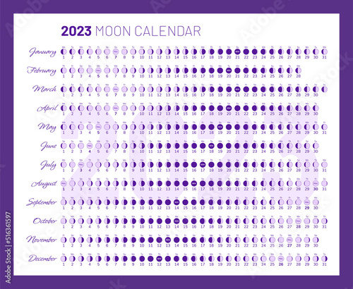 Moon lunar 2023 year calendar monthly cycle planner design. Monthly lunar phases and cycles, astrology or astronomy web page, banner, poster, card template vector illustration