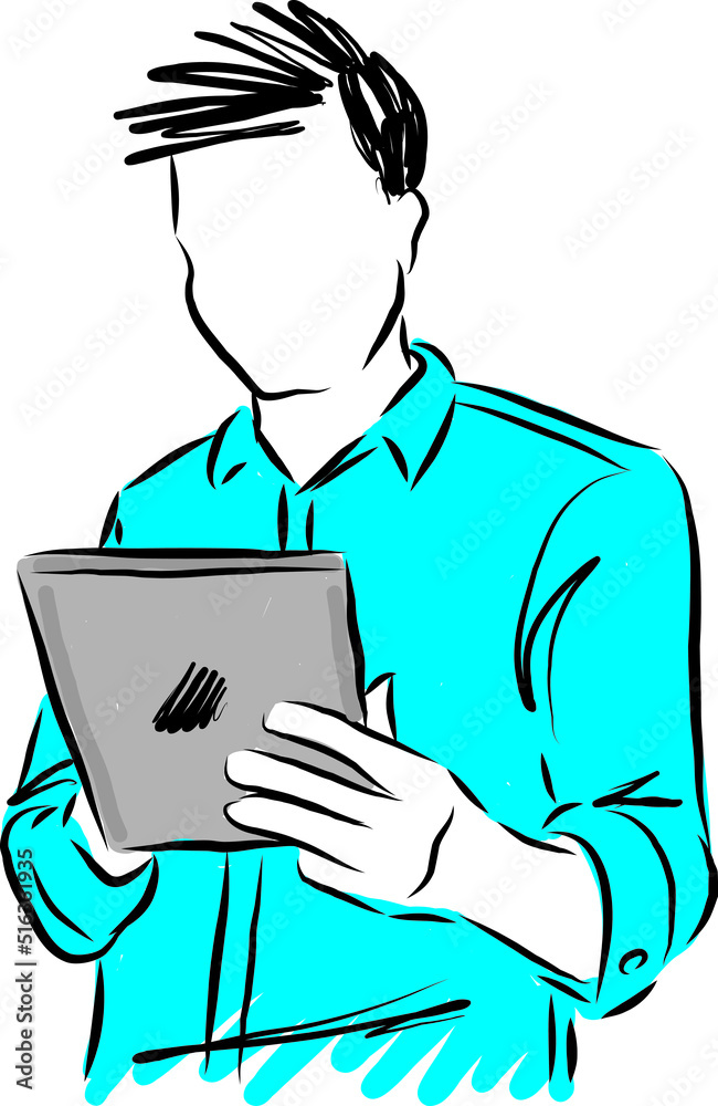 man young guy working with tablet vector illustration