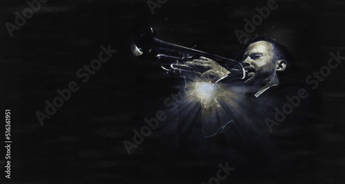 Photography Aquarell-Portraint eines Jazz-Trompeters (Papiertextur)