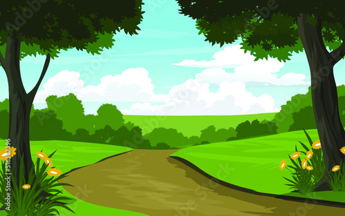 vector rural landscape with trees and dirt road