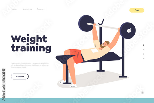 Weight training concept of landing page with man doing barbell gym press. Young guy workout