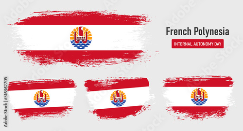 Textured collection national flag of French Polynesia on painted brush stroke effect with white background
