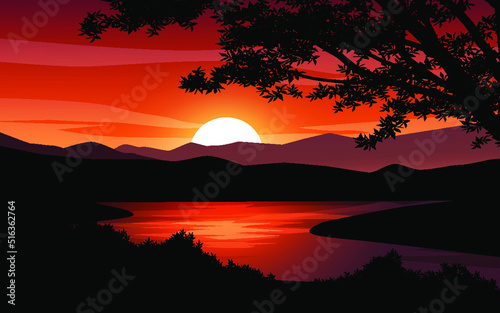 red sunset over the lake with silhouette of trees and mountains