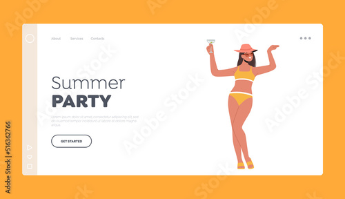 Summer Party Landing Page Template. Woman in Bikini, Sunglasses and Hat Holding Glass with Cocktail. Female on Beach