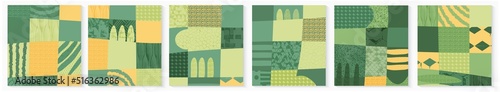 Set of abstract shapes green field from aerial view. Minimalist summer field landscape poster collection. Rural view, grunge texture. Design elements for social media post, banner, card, background