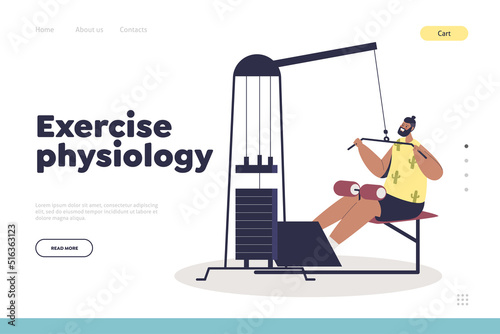 Exercise physiology concept of landing page with man training with weight equipment in gym