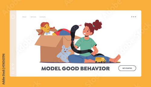 Model Good Behavior Landing Page Template. Little Girl Sitting on Floor Playing with Toys, Child Character Sparetime