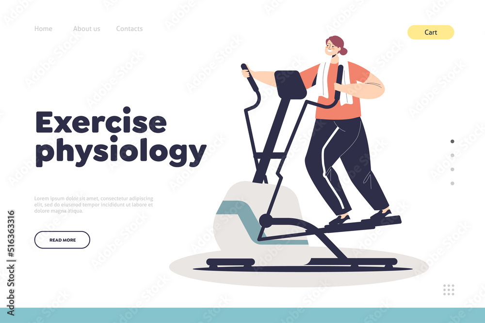 Exercise physiology concept of landing page with woman doing cardio running on elliptical machine