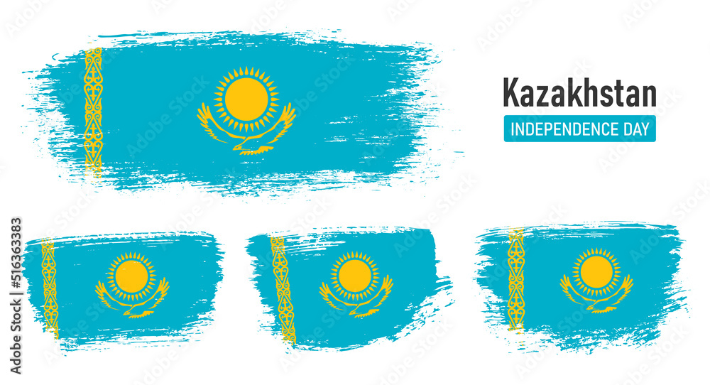 Textured collection national flag of Kazakhstan on painted brush stroke effect with white background