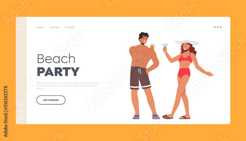 Beach Party Landing Page Template. Couple of Tourist Characters at Summer Vacation. Young Woman and Man Drink Cocktails