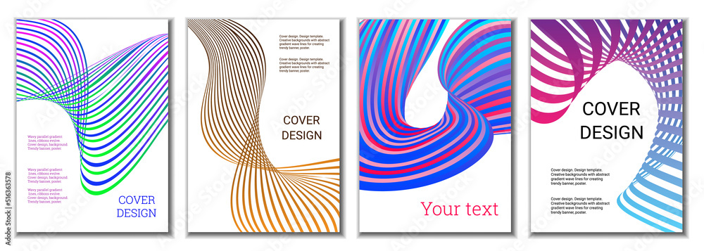 A set of 4 abstract covers. Wavy parallel gradient lines, ribbons evolve. Cover design, background. Trendy banner, poster. A set of 4 abstract covers. Wavy parallel gradient lines, ribbons evolve. Cover design, background. Trendy banner, poster.