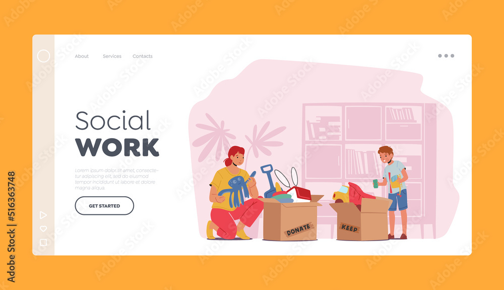 Social Work Landing Page Template. Orphan Boy and Volunteer Characters Take Toys from Box, Humanitarian Aid to Kids