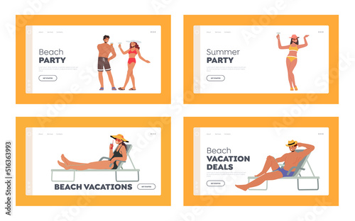 Beach Party Landing Page Template Set. Tourist Characters at Summer Time Vacation. Young Man and Woman Drinking Cocktail