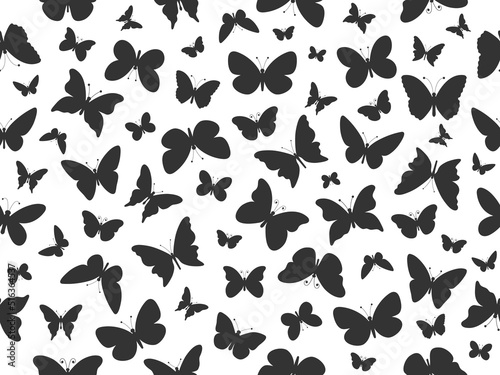 Butterfly flying silhouette seamless pattern. Butterfly black texture. Vector illustration.