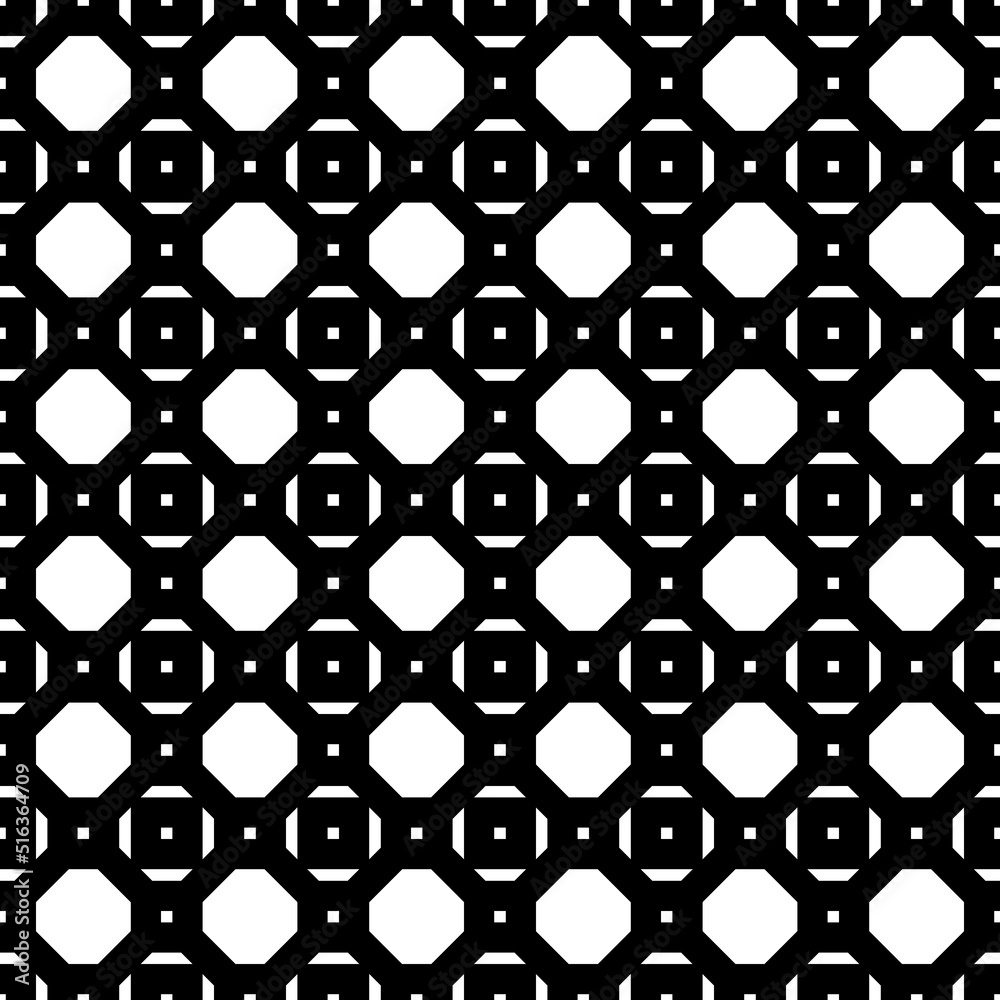 Naklejka premium Repeated white figures on black background. Symmetric geometric wallpaper. Seamless surface pattern design with regular octagons and squares. Tiles motif. Digital paper for textile print. Vector art.