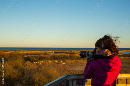 Young girl walking and photographing birds in AIguamolls De L Emporda Nature Park, Spain photo
