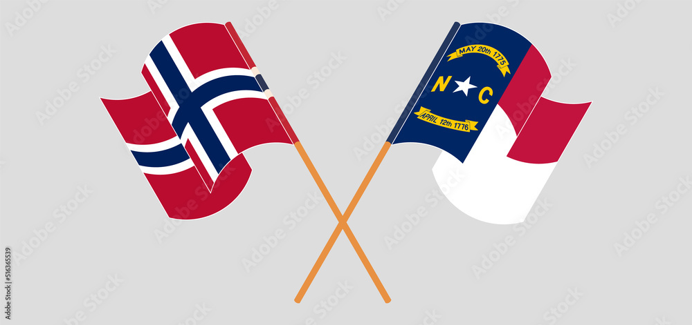 Crossed and waving flags of Norway and The State of North Carolina Crossed and waving flags of Norway and The State of North Carolina
